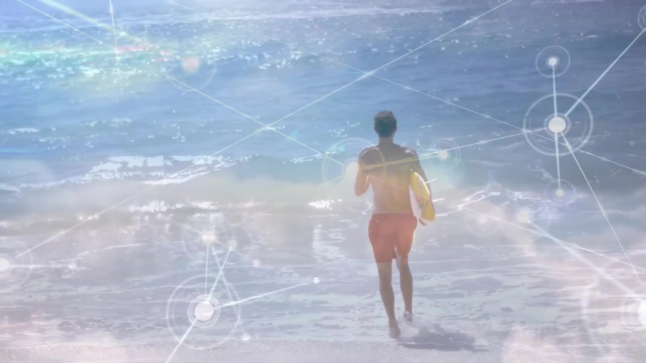 Surfista Correndo para o Oceano com Sobreposição de Rede Digital