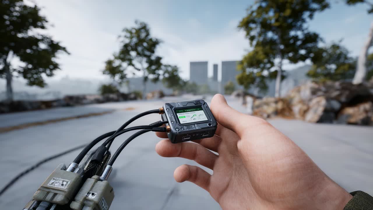 A close-up view of a hand holding a compact device displaying a digital map interface, showcasing advanced navigation technology in an outdoor environment, with trees and modern structures in the background