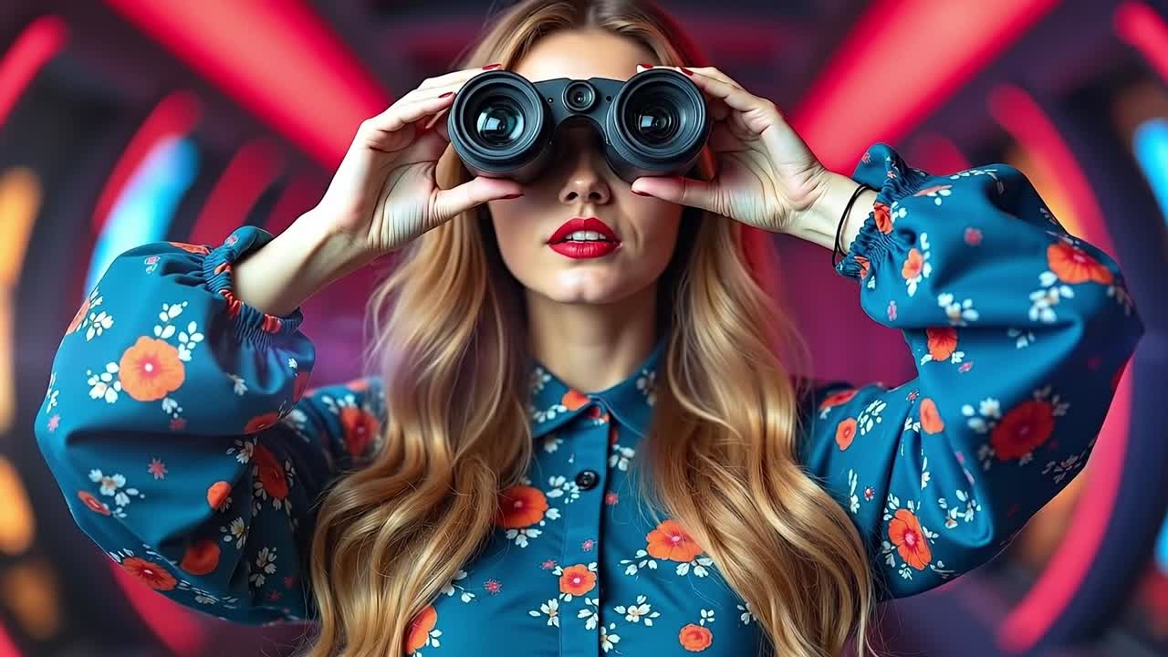 A woman in a blue floral shirt looking through binoculars