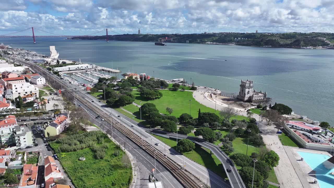 Belem Tower At Lisbon In District Of Lisbon Portugal. Iconic Castle. Tourism Landmark. Belem Tower At Lisbon In Portugal. Medieval Fortress. Tejo River Landscape. Lisbon Skyline