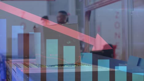 Animation-of-statistics,-arrow-and-data-processing-over-conveyor-belt-with-boxes-in-warehouse