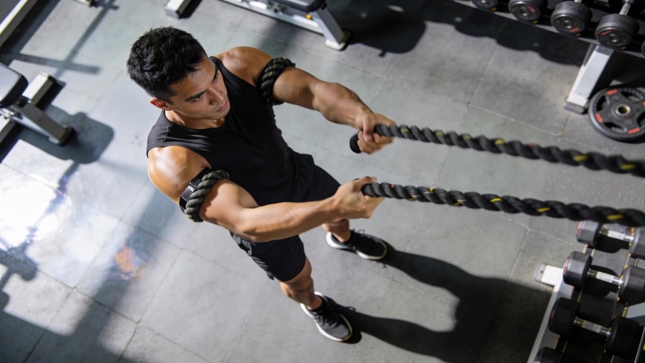 Starting male athlete performing alternating battle rope waves at gym in black top for strength