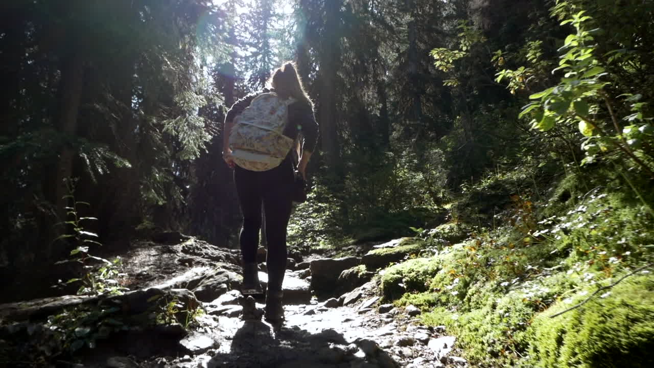chica caminando en el bosque, con la luz del sol de la mañana pasando suavemente a través de ella