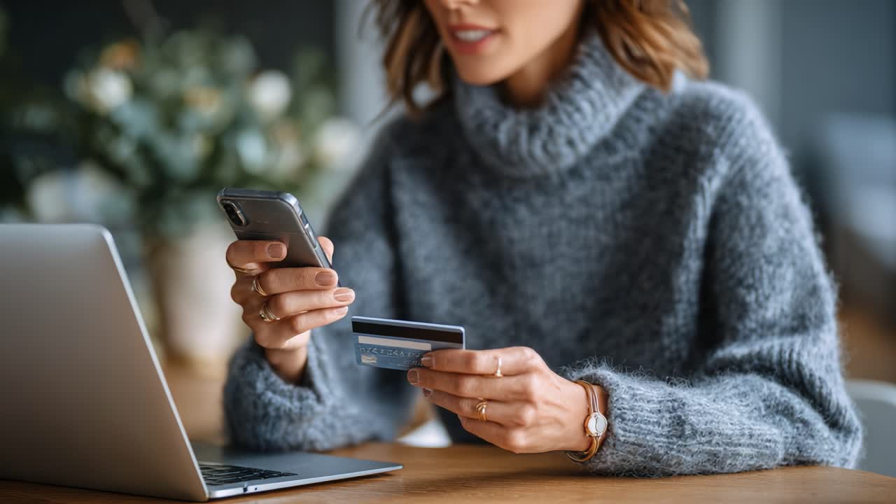 A Focused Young Woman Engaging in Online Shopping, Holding a Credit Card and Smartphone While Seated at a Laptop, Ready to Complete Her Purchase with Style and Ease