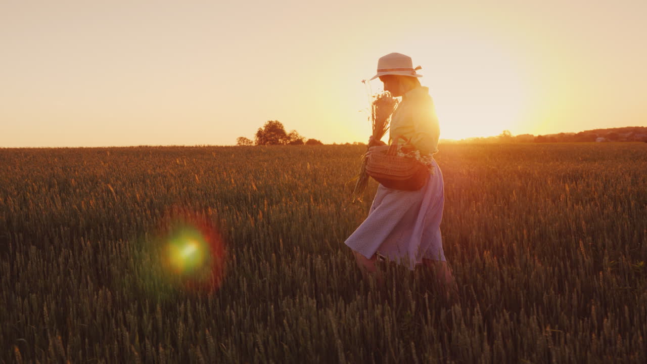 mujer romántica con ramo de flores silvestres caminando en el campo al atardecer vista trasera video 4k