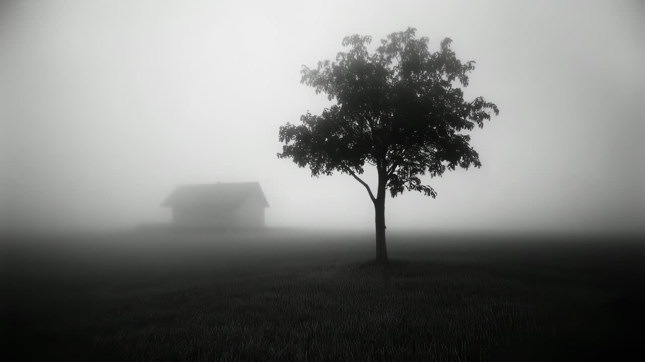 Misty Morning Landscape with Tree and House