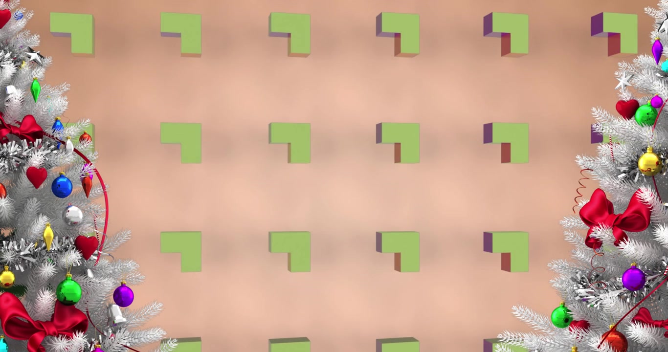 Animation af juletræer og former på beige baggrund.
