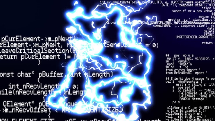 Animation of data processing and light trails on black background
