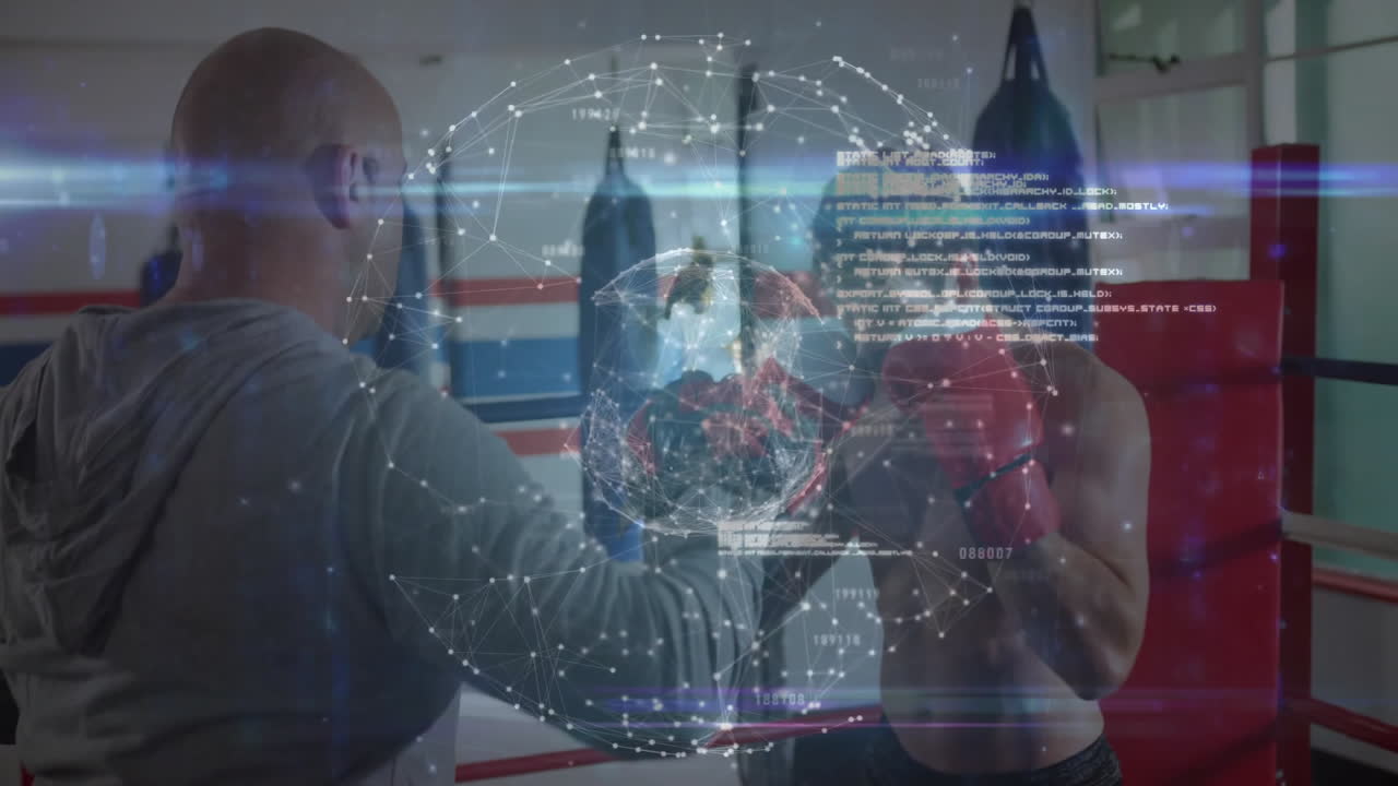 Coach holding mitts while boxer delivering red glove punches in gym ring, showing analytics overlay