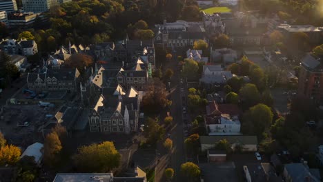 Beautiful-aerial-of-historic-buildings-in-Christchuch-city,-New-Zealand