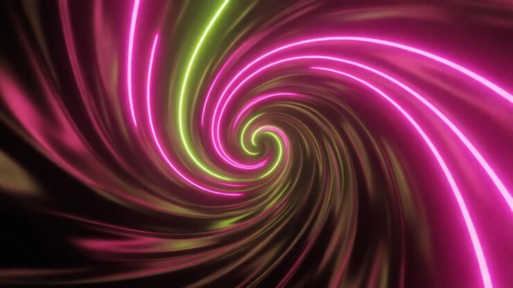 Abstract Neon Spiral Tunnel with Rotating Pink and Green Light Lines