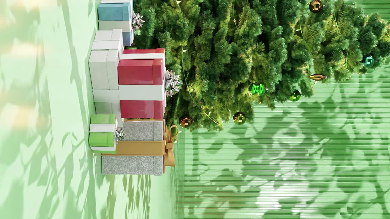 árbol de navidad con adornos y regalos envueltos en un piso verde contra un fondo verde