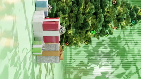 christmas tree with ornaments and wrapped presents on a green floor against a green background