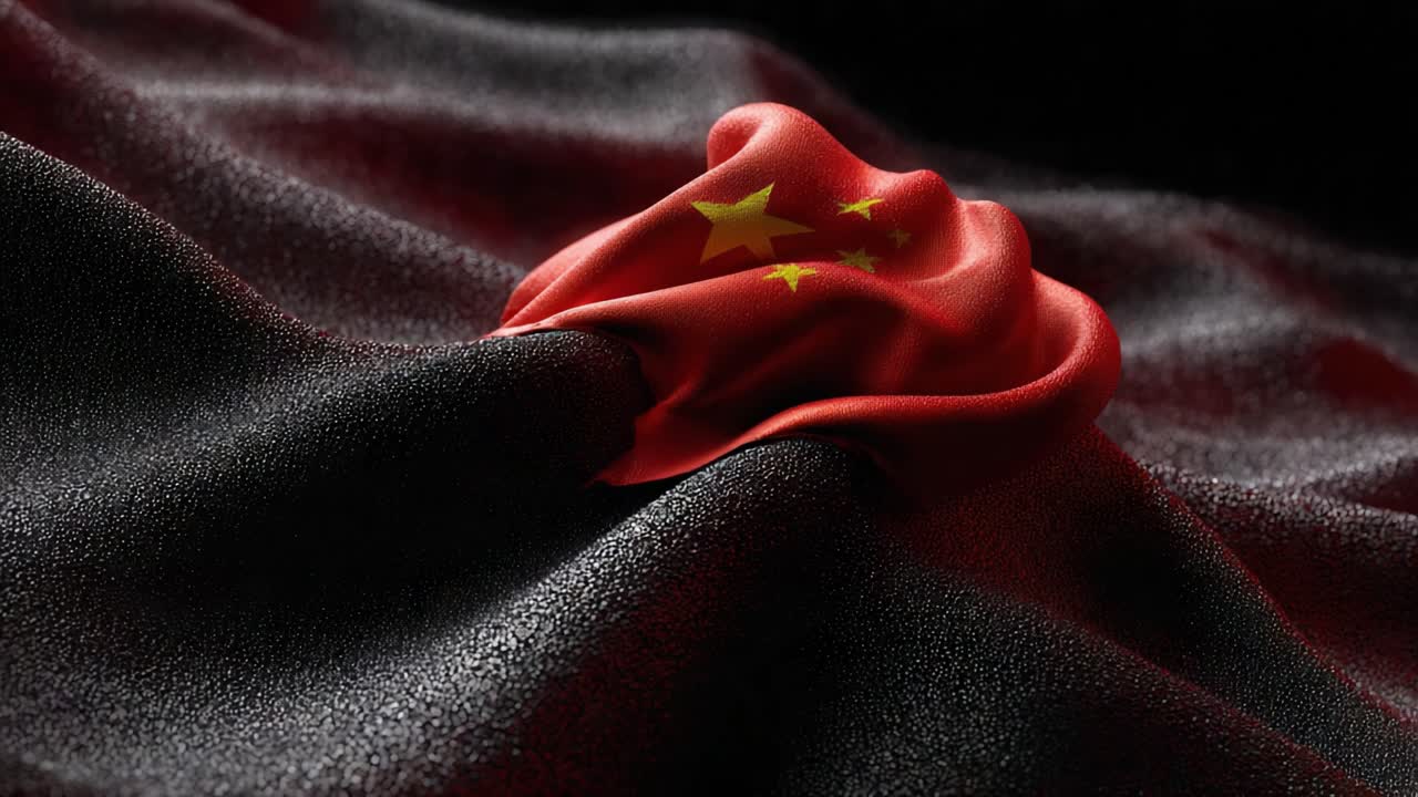 A Close-Up View of a Draped Flag with a Distinctive Red and Yellow Design, Captured Against a Black Smooth Background for a Striking Contrast and Visual Impact