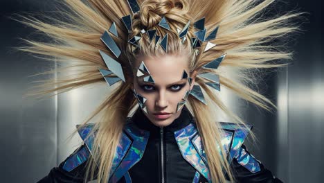 striking fashion statement: a model displays avant-garde hair and makeup with reflective elements in a unique, futuristic style, showcasing bold creativity and innovation