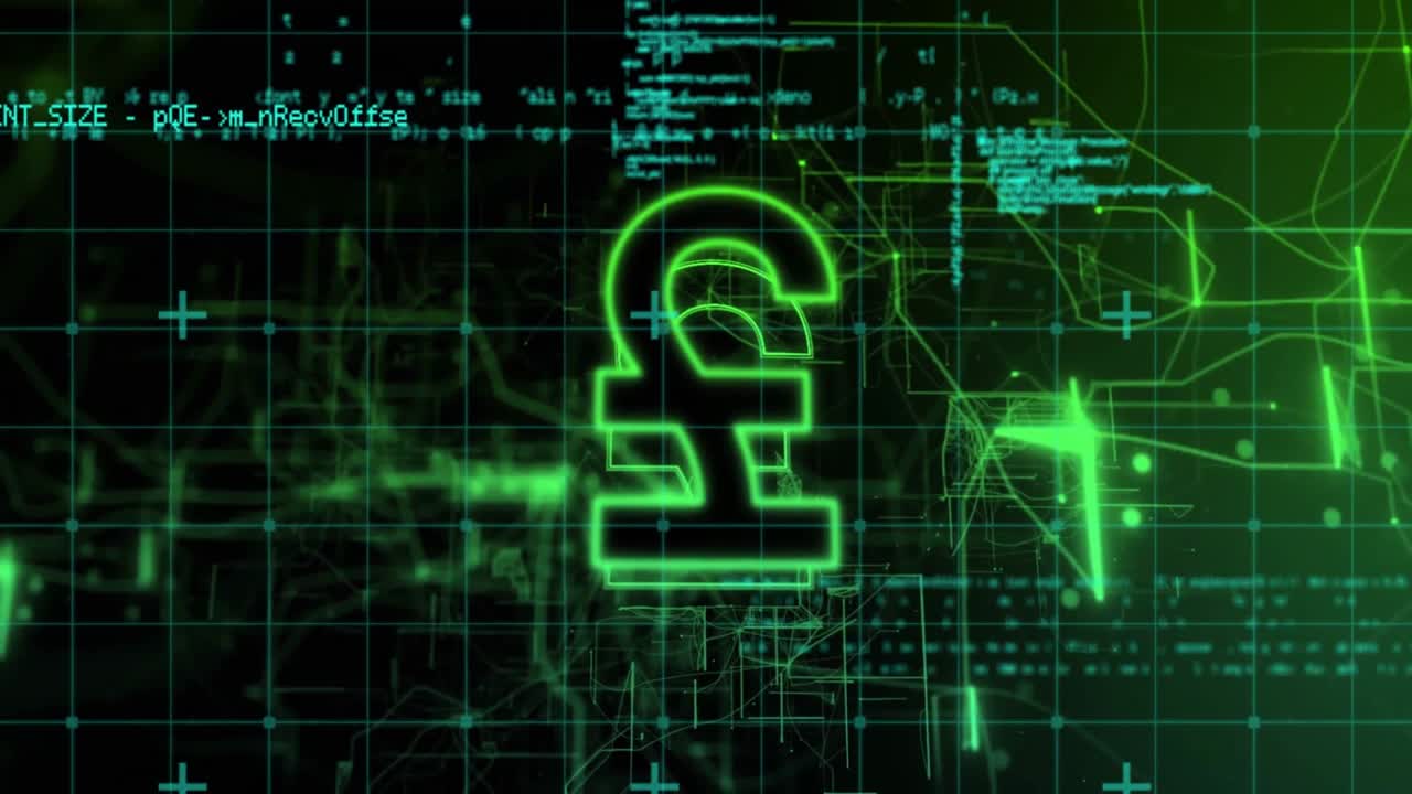 Neon green pound symbol glowing at center, floating over dark cyber grid with circuit nodes