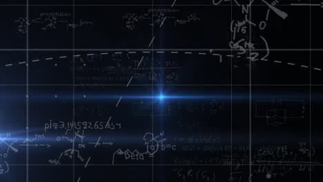 Animation-of-mathematical-equations-and-light-spots-over-black-background