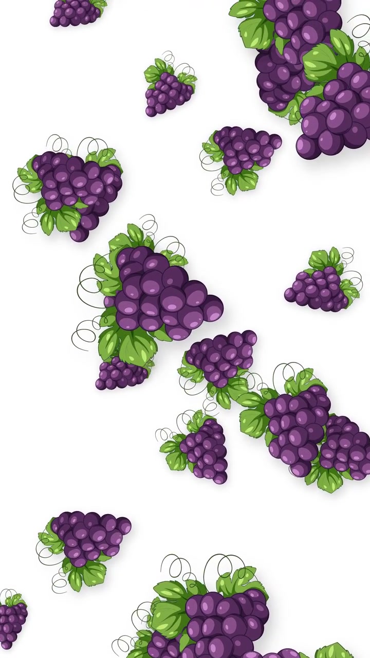 Grappoli d'uva viola a cartone animato cadono verticalmente con ombre morbide su uno sfondo bianco pulito