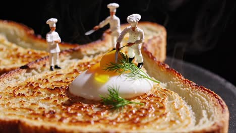 miniature chefs collaborating with precision, carefully preparing fried egg on toasted bread, demonstrating teamwork in whimsical culinary artistry against stark black backdrop