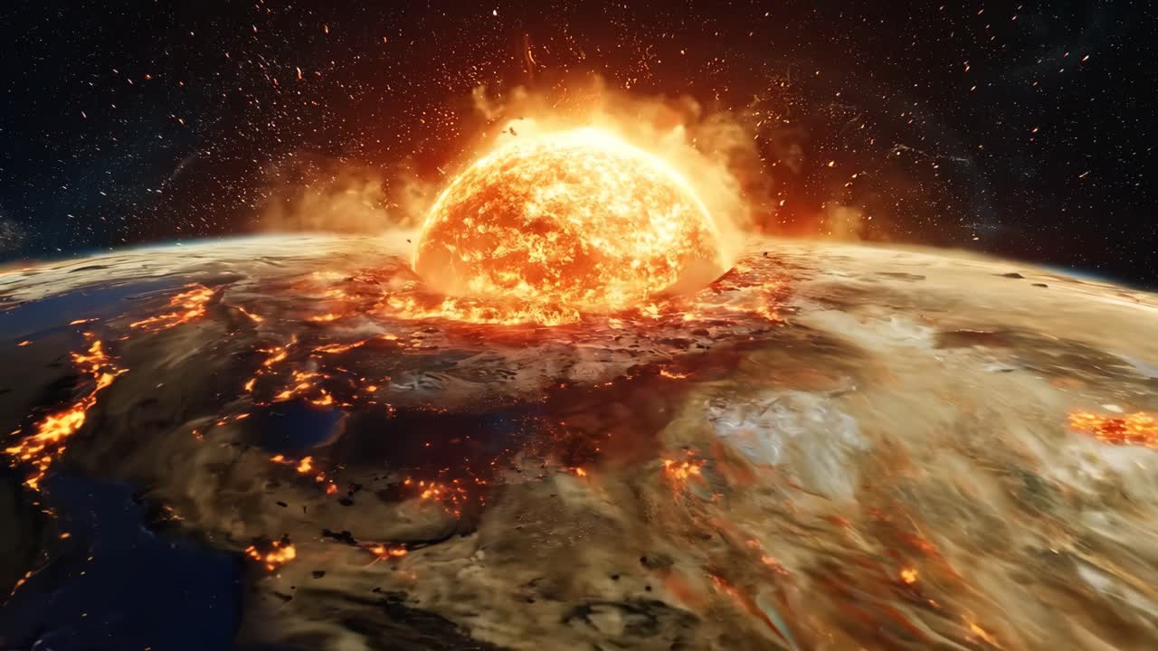 A fiery explosion on a planet with a large, glowing sun in the background. The scene is intense and dramatic, with the sun and the explosion creating a sense of chaos and destruction