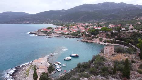 Seaside-Village-Kardamyli-at-Messenia,-Mani,-Peloponnese,-Greece---Aerial