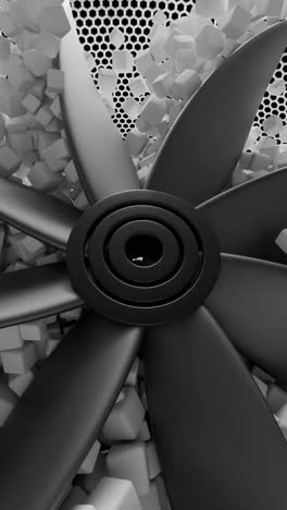 close-up of a computer cooling fan with geometric cubes