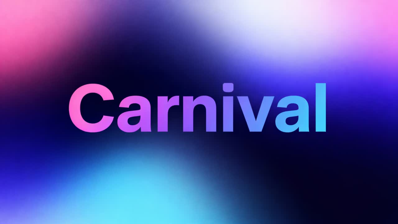 Animeret centreret karneval skifter i titelkort, med lyserød-til-cyan-fyld ved afspilning som titlens afsløring