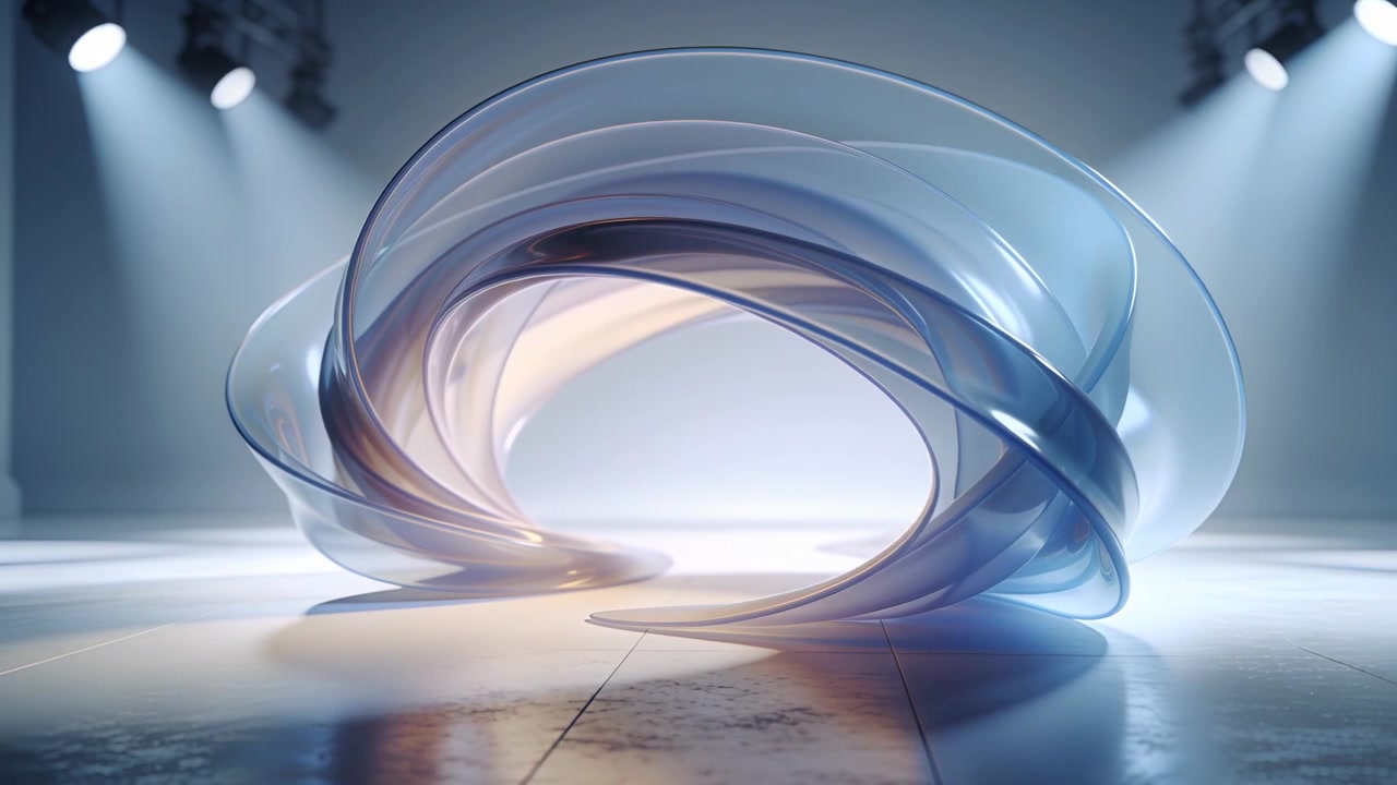 Rotating ribbon sculpture twisting into tight loop on studio stage tiles, with spotlights