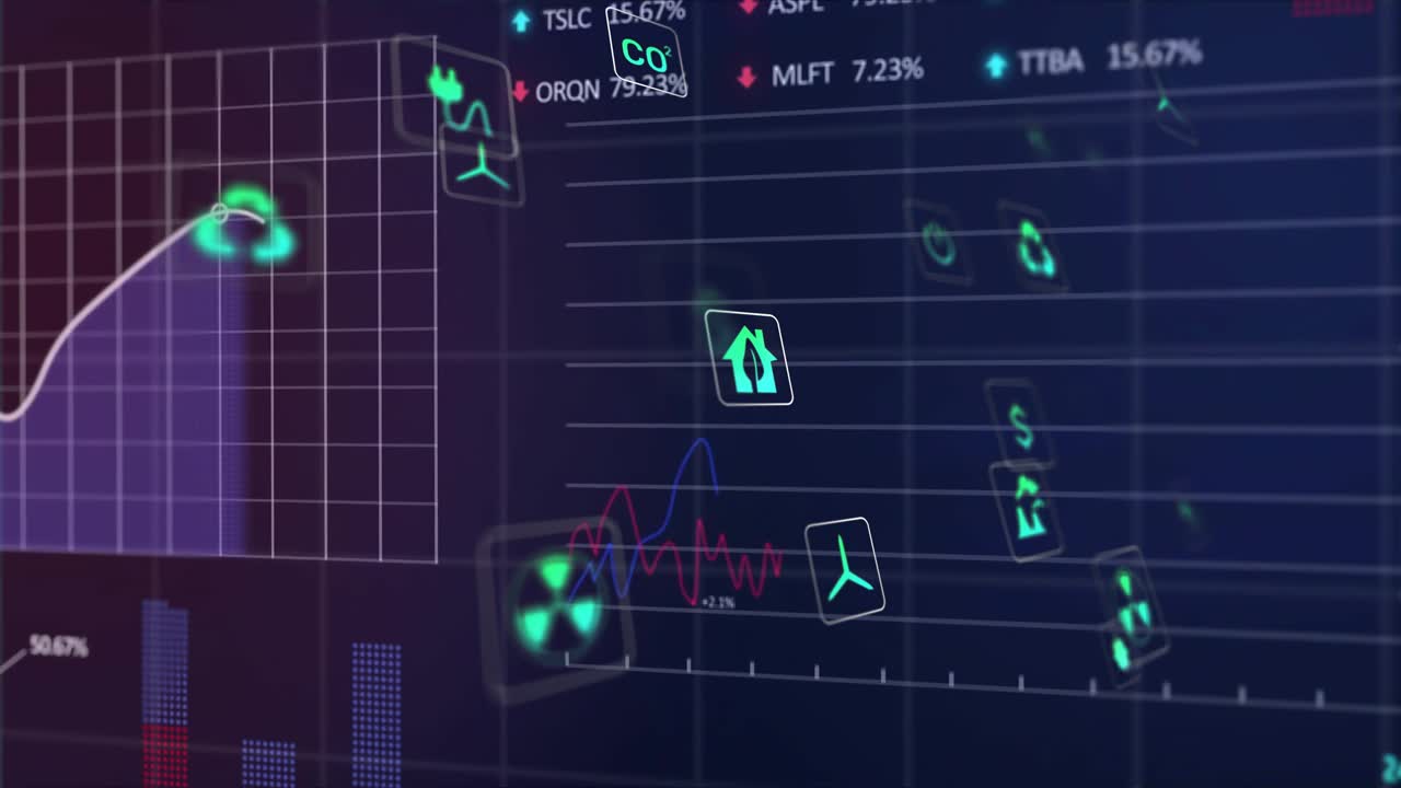 Grade de sobreposição aparecendo, fazendo com que ícones, eixos, gráficos e indicadores (tickers) neon-verde se animem para atualização de dados em tempo real.