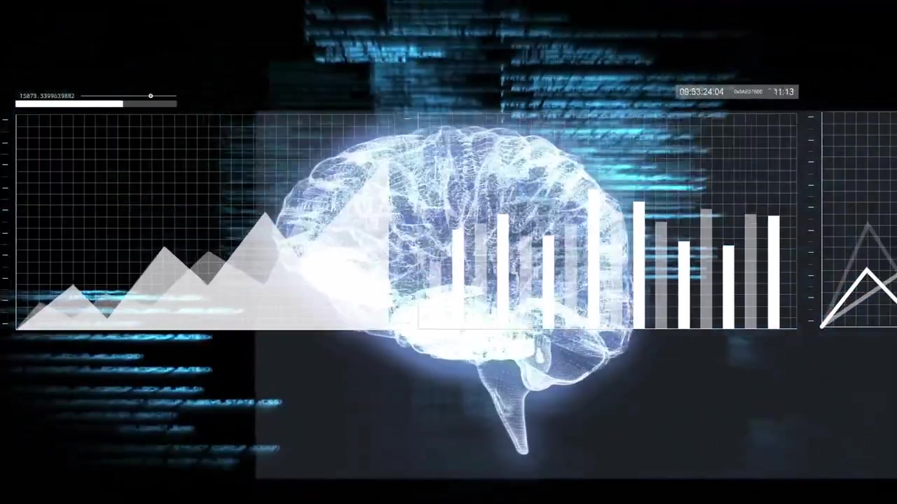 On start showing 3D wireframe brain rotating with dots marking areas and charts animating data view