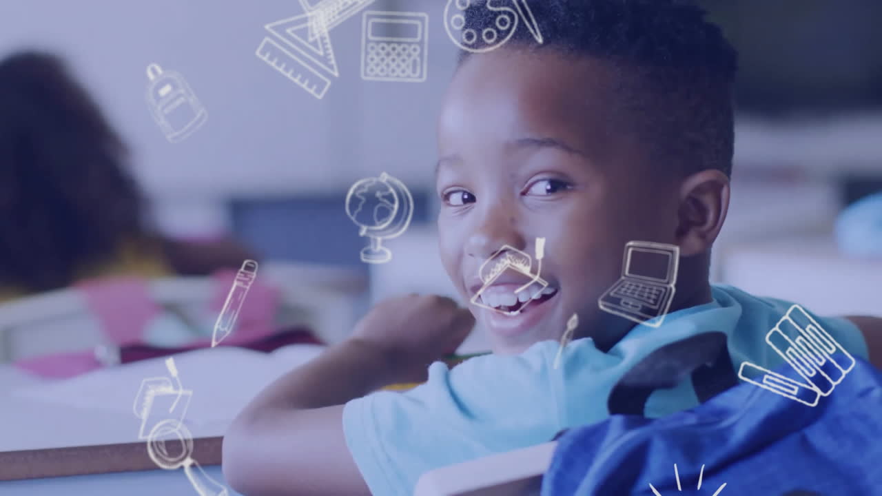 Animation of school items icons over happy diverse students in classroom