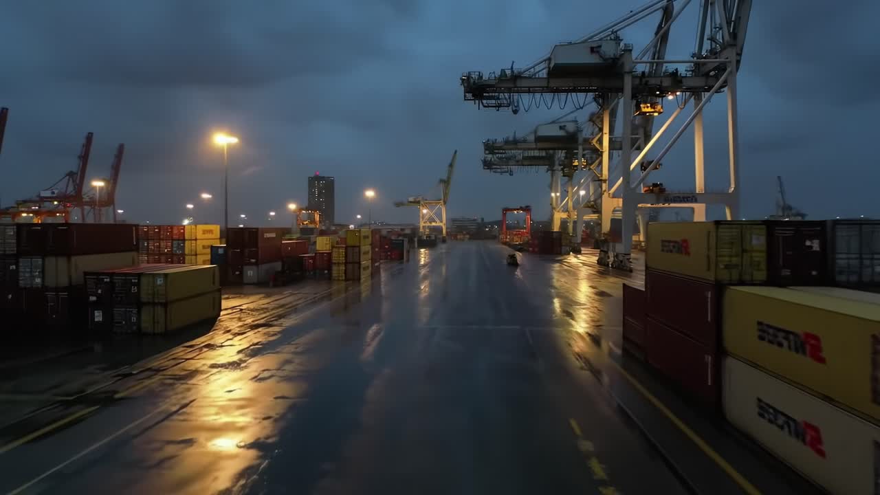 A Nighttime View of a Quiet Shipping Port with Cranes and Containers Under Low Lighting, Reflecting on Wet Pavement, Evoking a Calm Yet Industrious Atmosphere