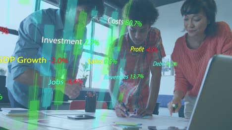 Animation-of-data-processing-over-diverse-business-people-working-in-office