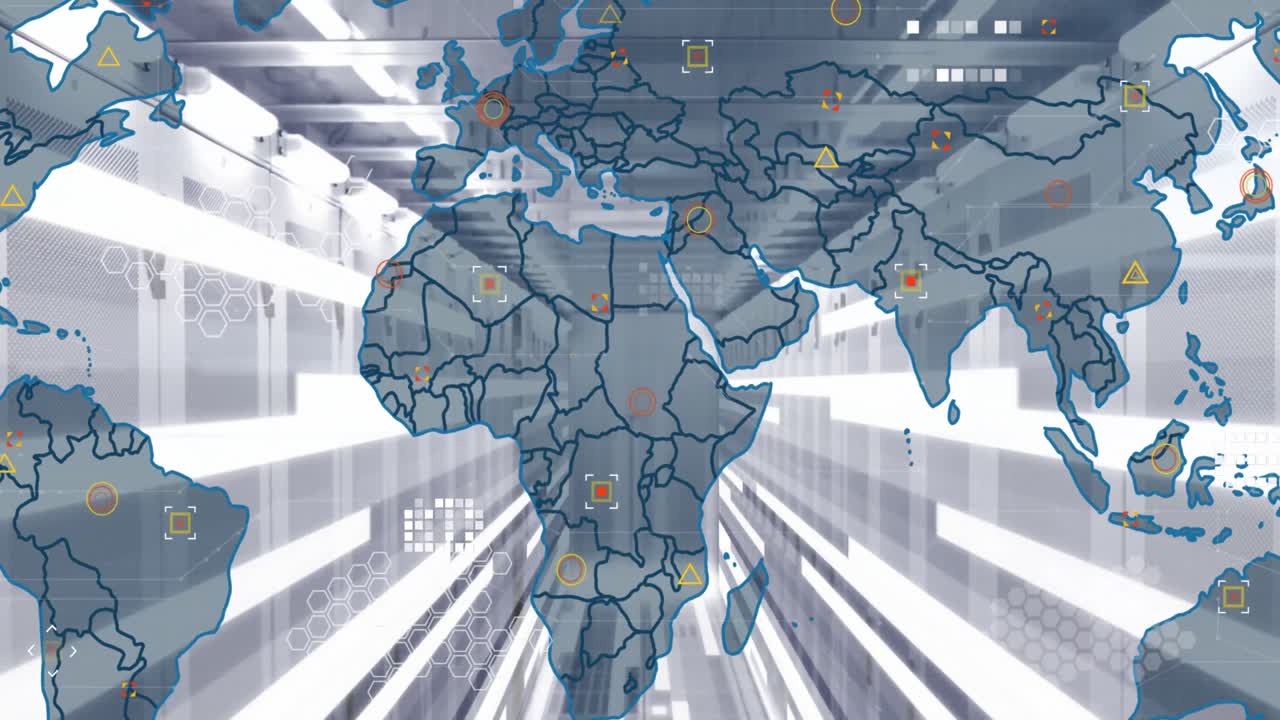 Animación de un mapa mundial y estelas de luz sobre una sala de servidores.