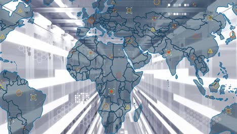 animation of world map and light trails against computer server room