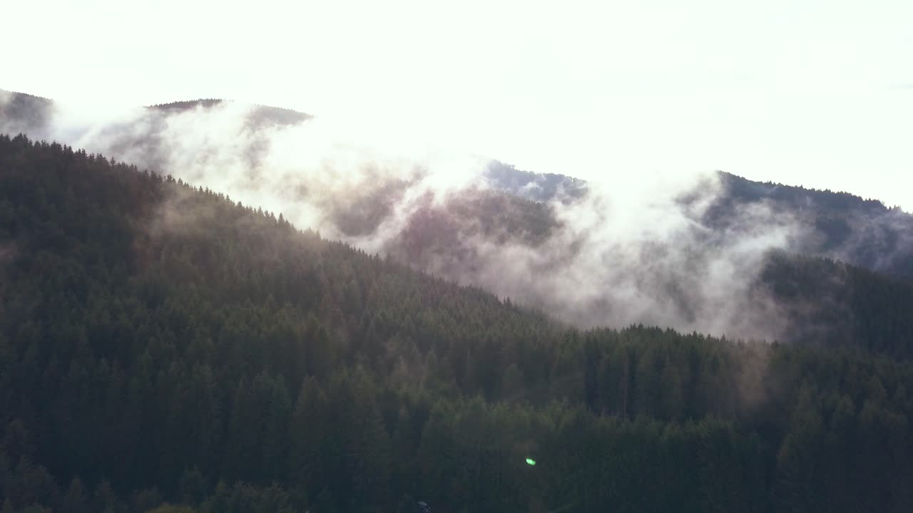 disparo de drones aéreos de establecimiento prolongado perforando la niebla del valle en una hermosa ladera rumana