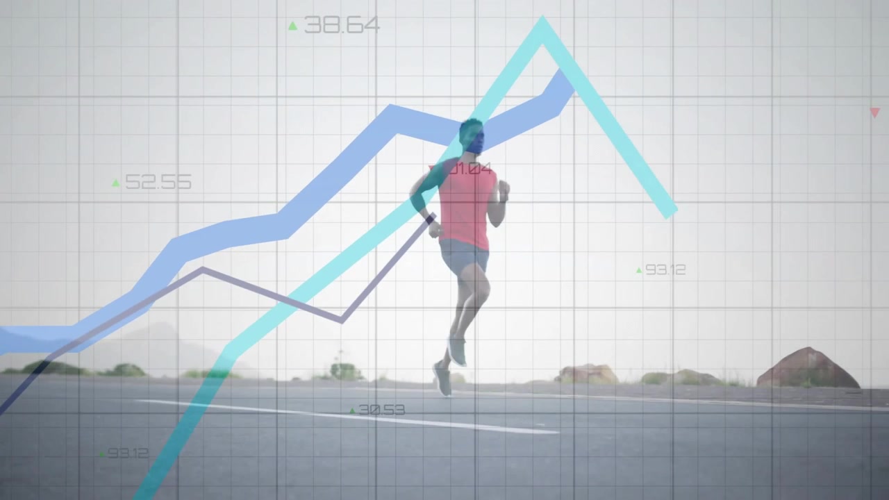 Male runner starting jog on road and activating grid with rising performance graphs for fitness
