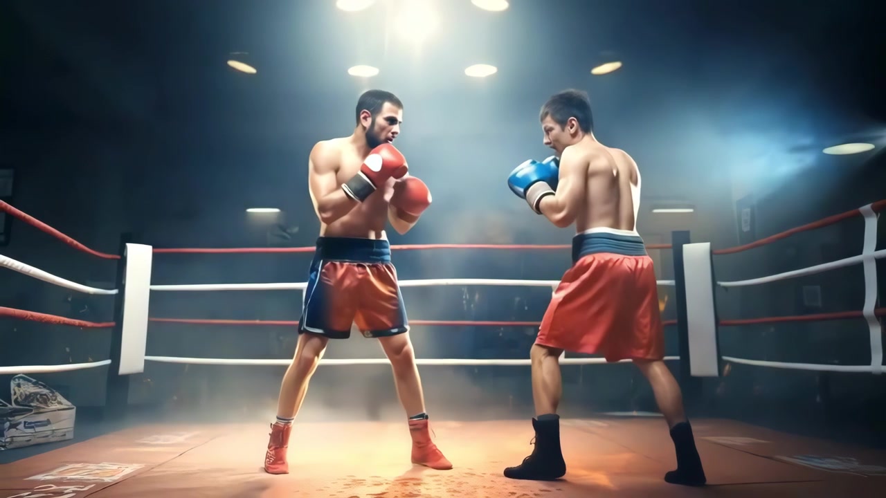 Dois Boxeadores Profissionais Fazendo Sparring em um Ringue de Boxe Mal Iluminado