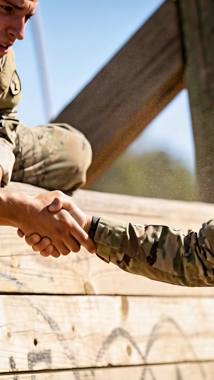 Vertical video: Gripping helper's arm pulling soldier in camo to help over wood wall at course dust