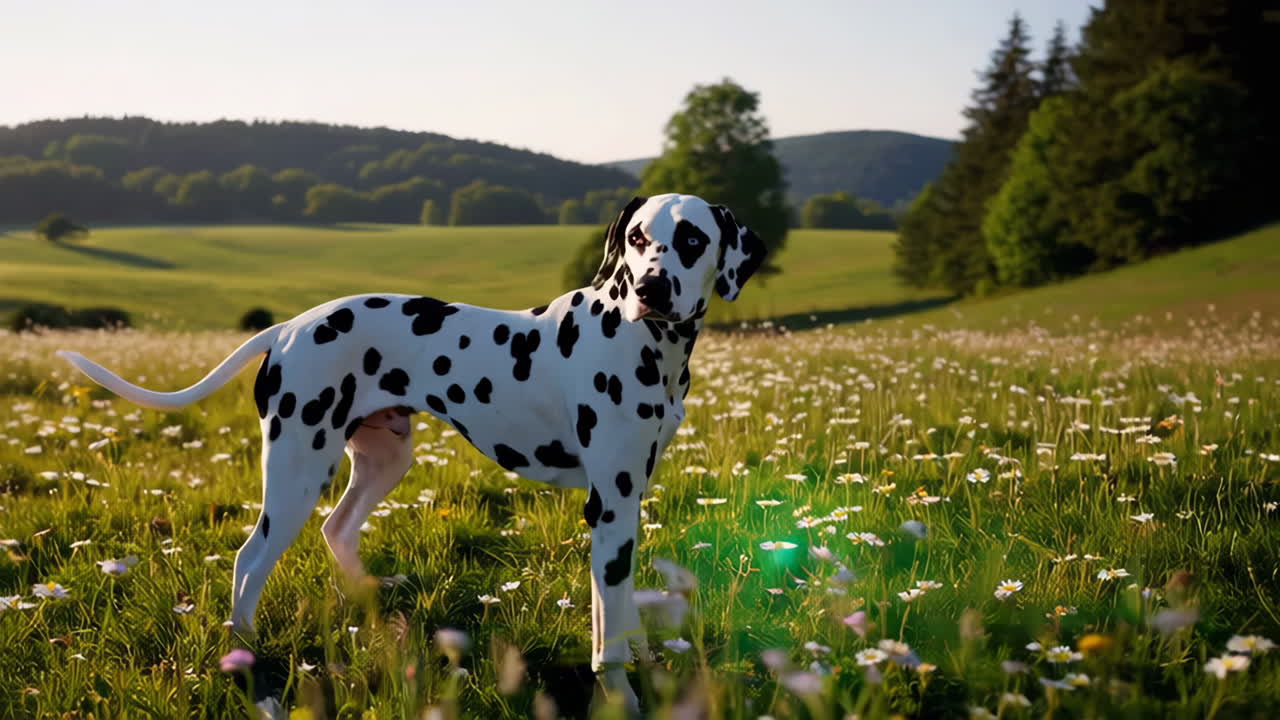 Dalmatian Dog with Heterochromia in a Sunny Wildflower Field