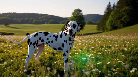 dalmatian dog with heterochromia in a sunny wildflower field