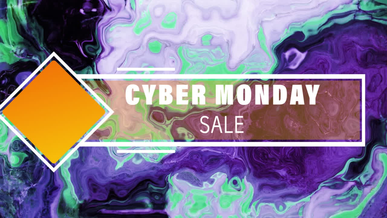 Animazione della scritta "Cyber Monday Sale", su uno sfondo vorticoso verde e viola.