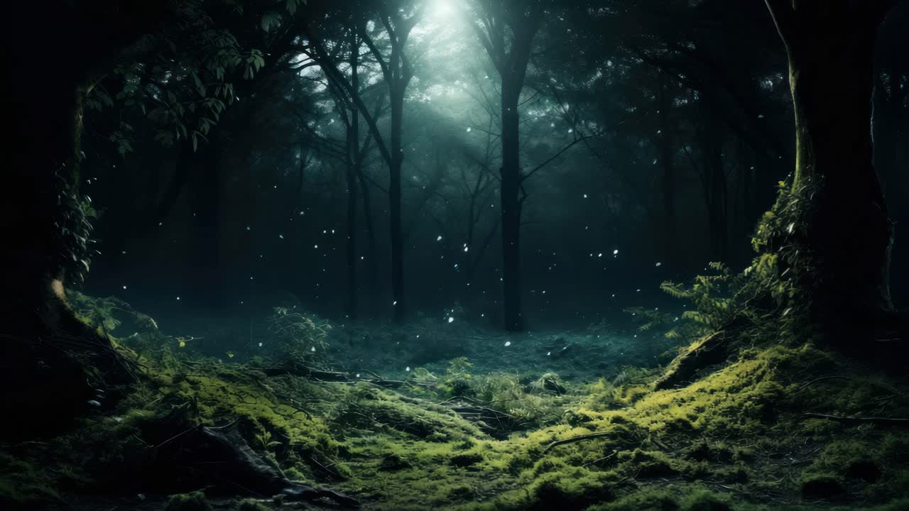 A mystical forest scene with a low-angle view, capturing dappled moonlight and floating particles