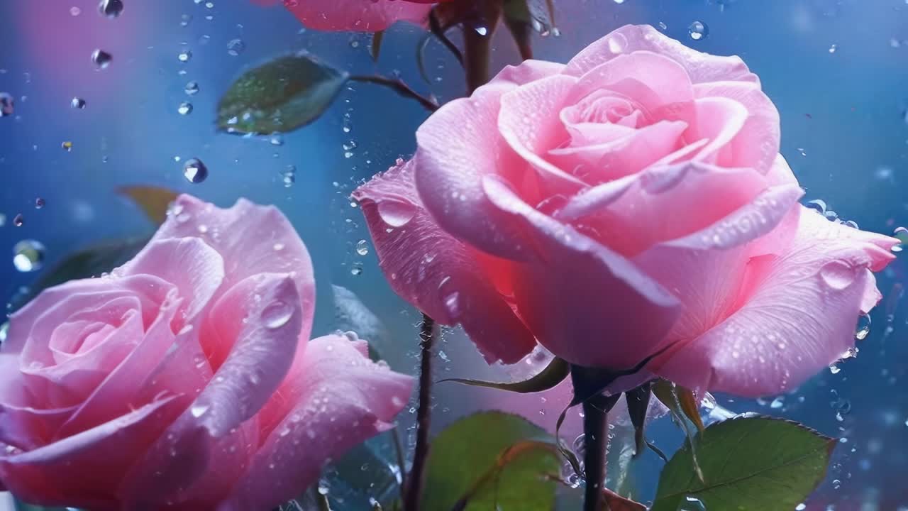 Close-up video still of pink roses with dewdrops, captured at eye level