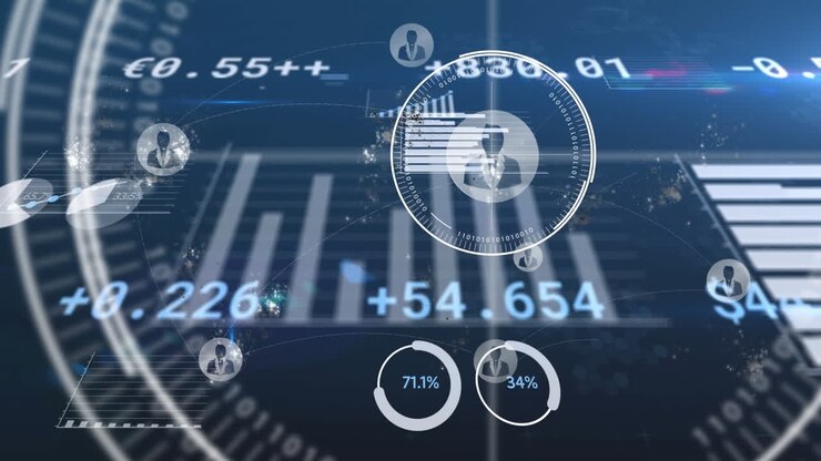 Animation of stock exchange financial data processing with network of digital icons
