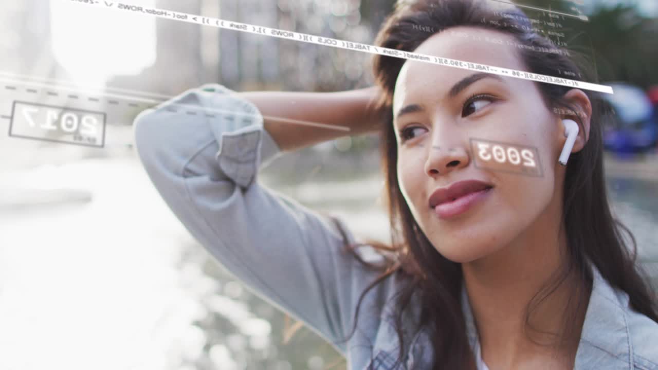 Woman tapping smartphone on water ledge, opening HUD, adjusting earbud, checking mobile tech alerts