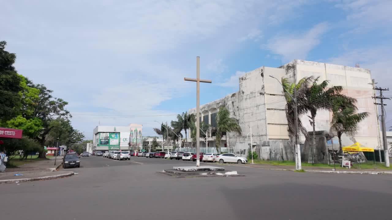 Igreja de São José Church and Cross in Macapá, Brazil. The towering religious structure dominates the city's skyline, showcasing the importance of faith in the Amazon region