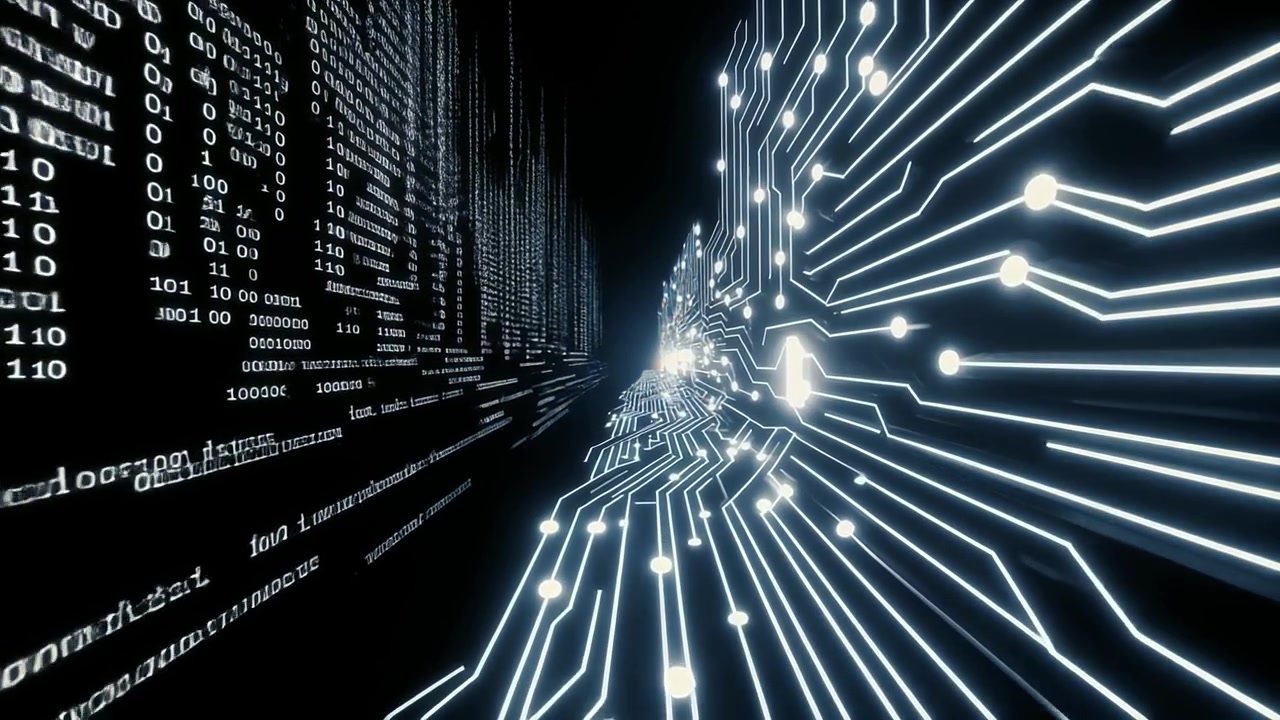 Abstract Digital Circuit Board With Binary Code Data Flowing