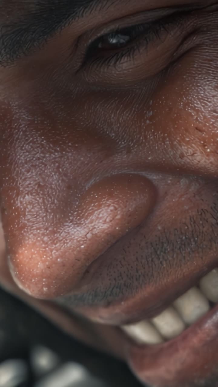 A Close-Up Capture of a Person's Joyful Expression Highlighting Their Unique Facial Features and Textures in Undistorted Detail