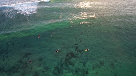 surfers at turquoise ocean in nsw australia - drone shot